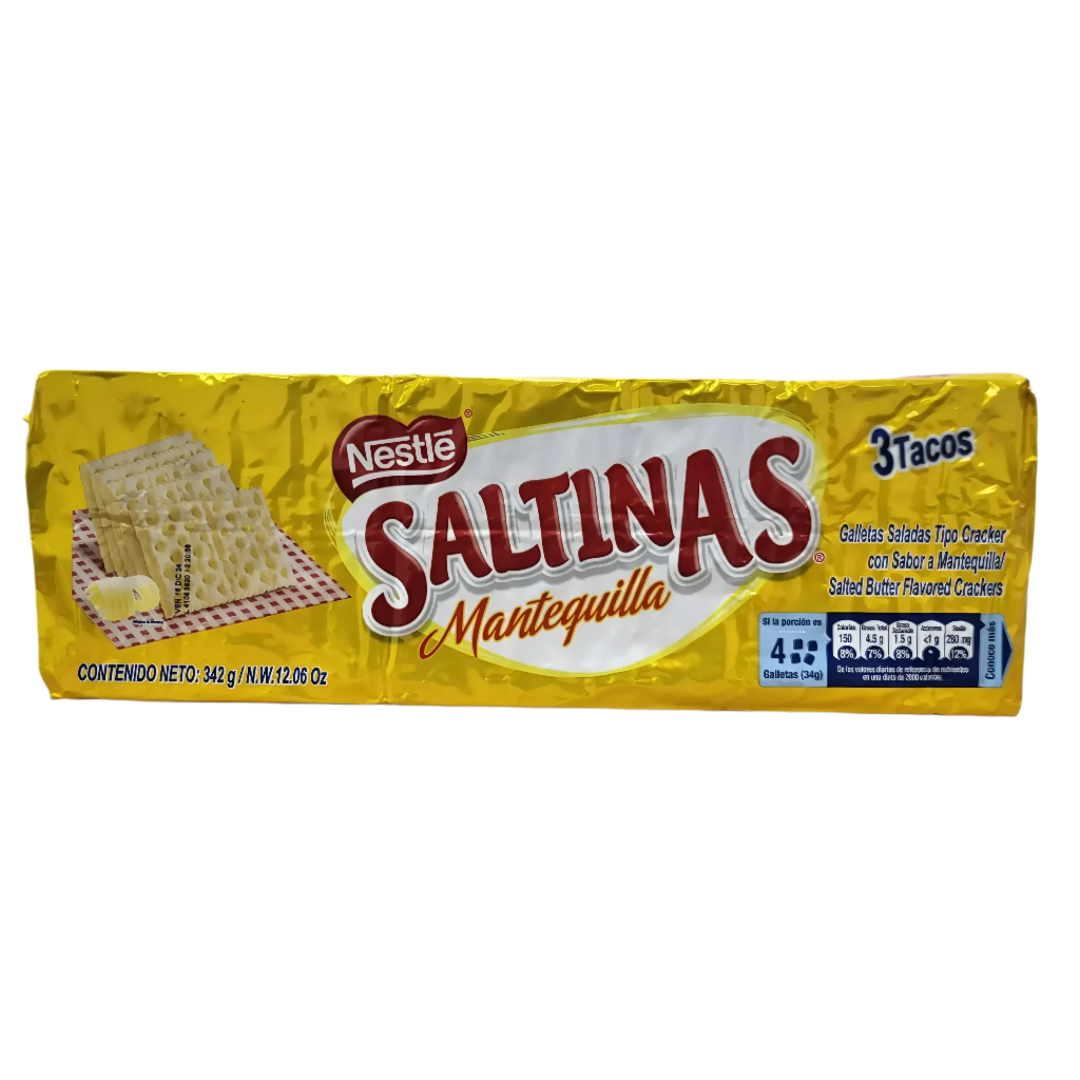 Packaging of Nestle Saltinas Mantequilla crackers on a white background