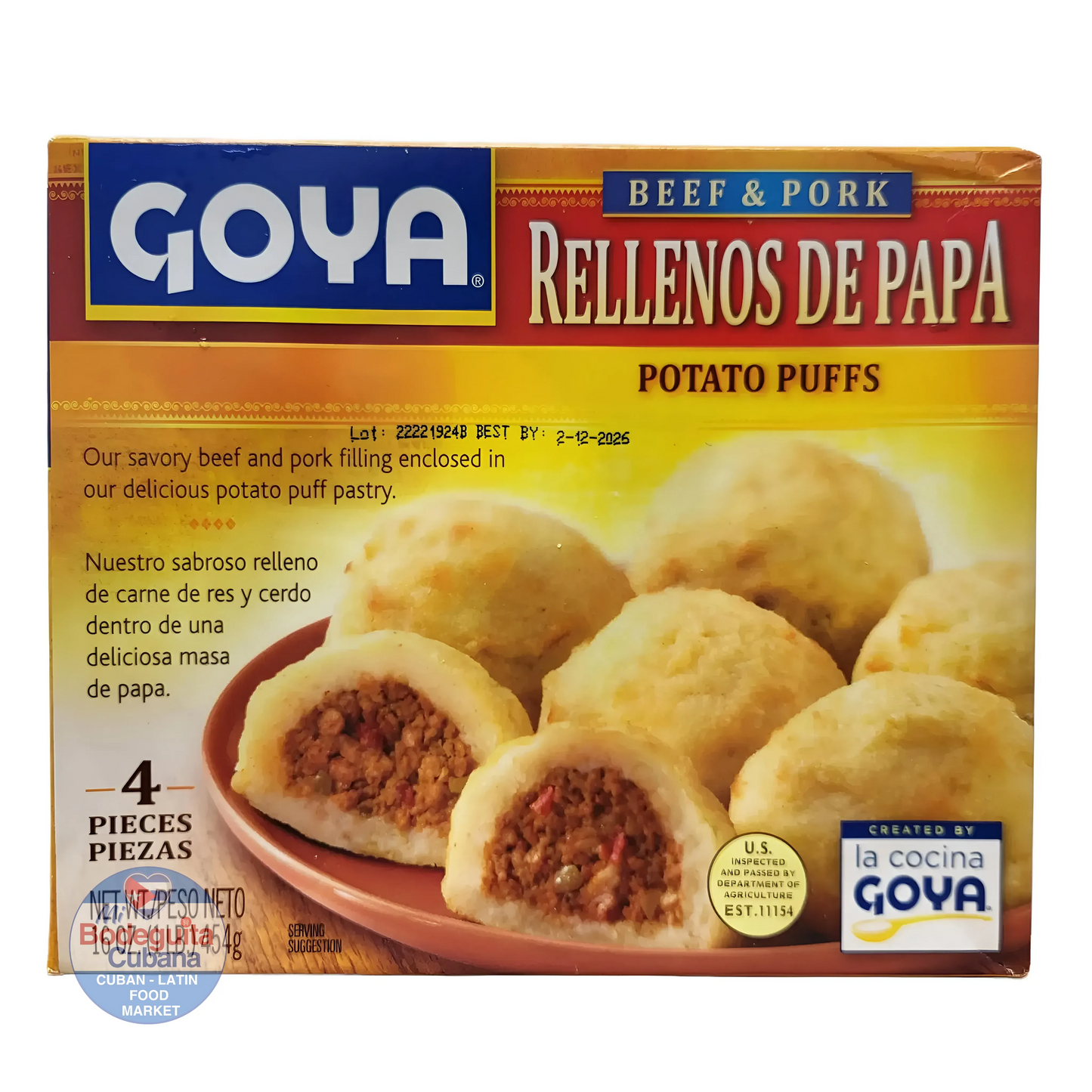 Packaging for Goya Beef and Pork Rellenos de Papá (potato puffs) showing the product name, image of the puffed potatoes, and the brand logo.