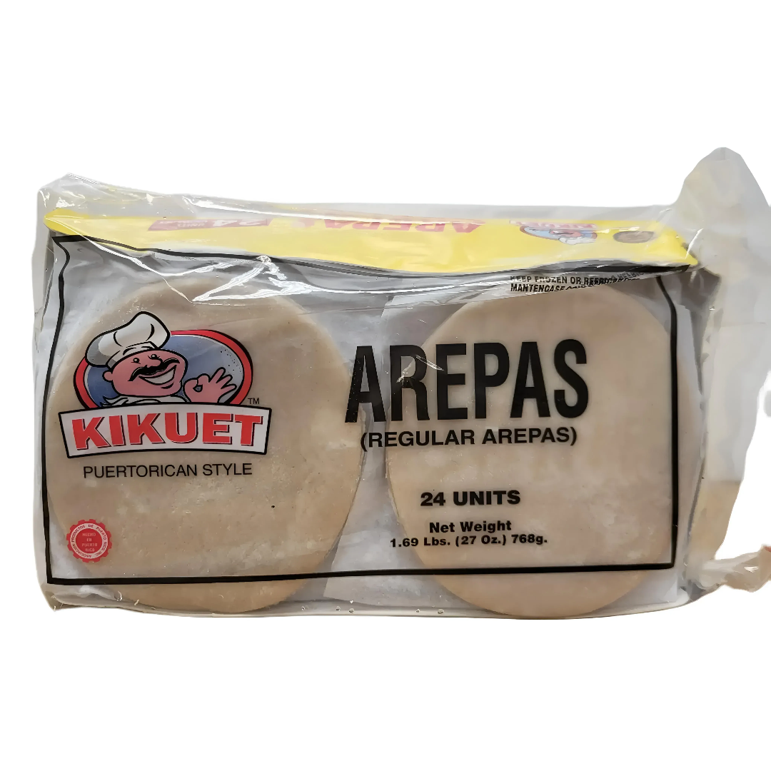 Packaged arepas with Kikuet branding on a white background