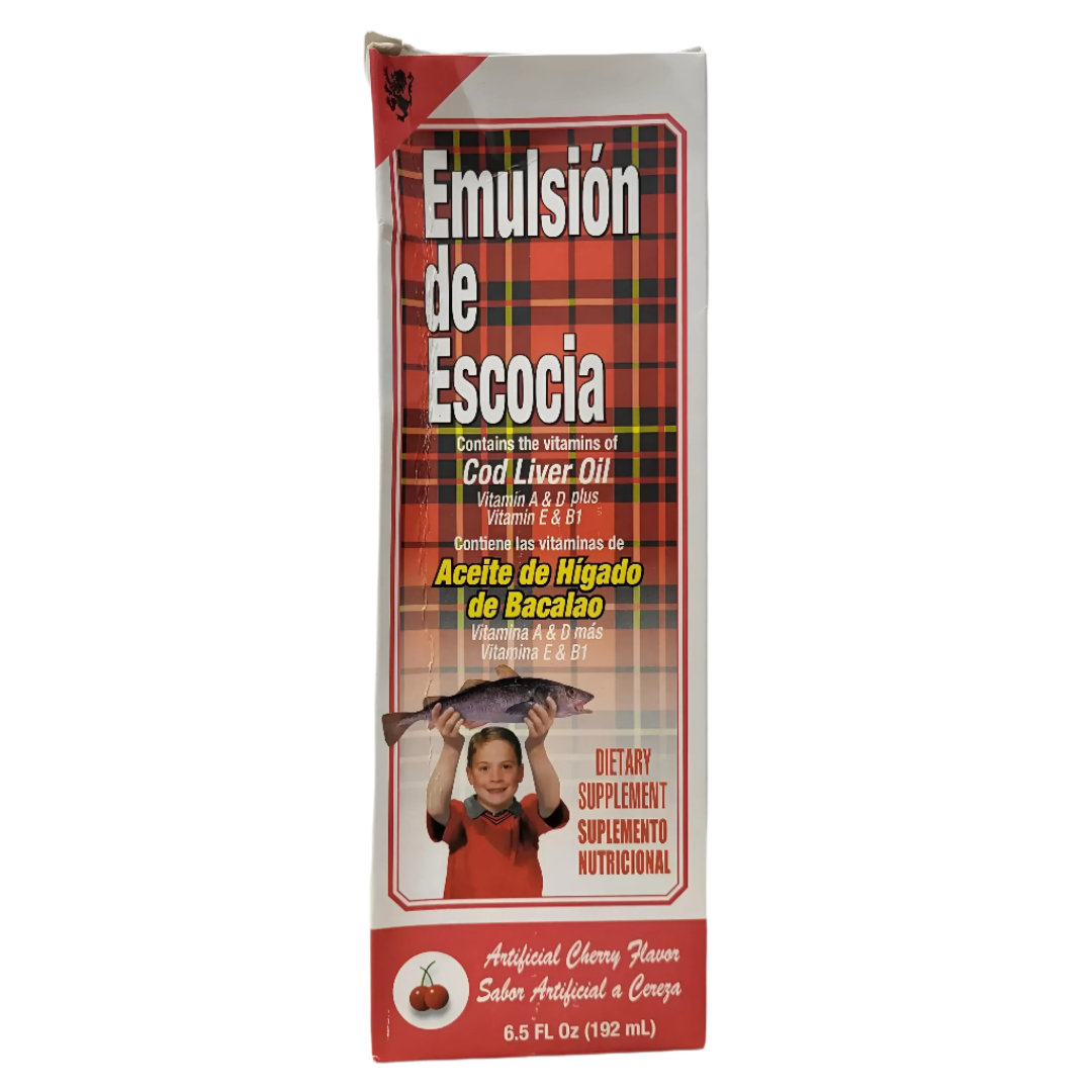 Vintage-style packaging of 'Emulsión de Escocia' with a child illustration on a white background.