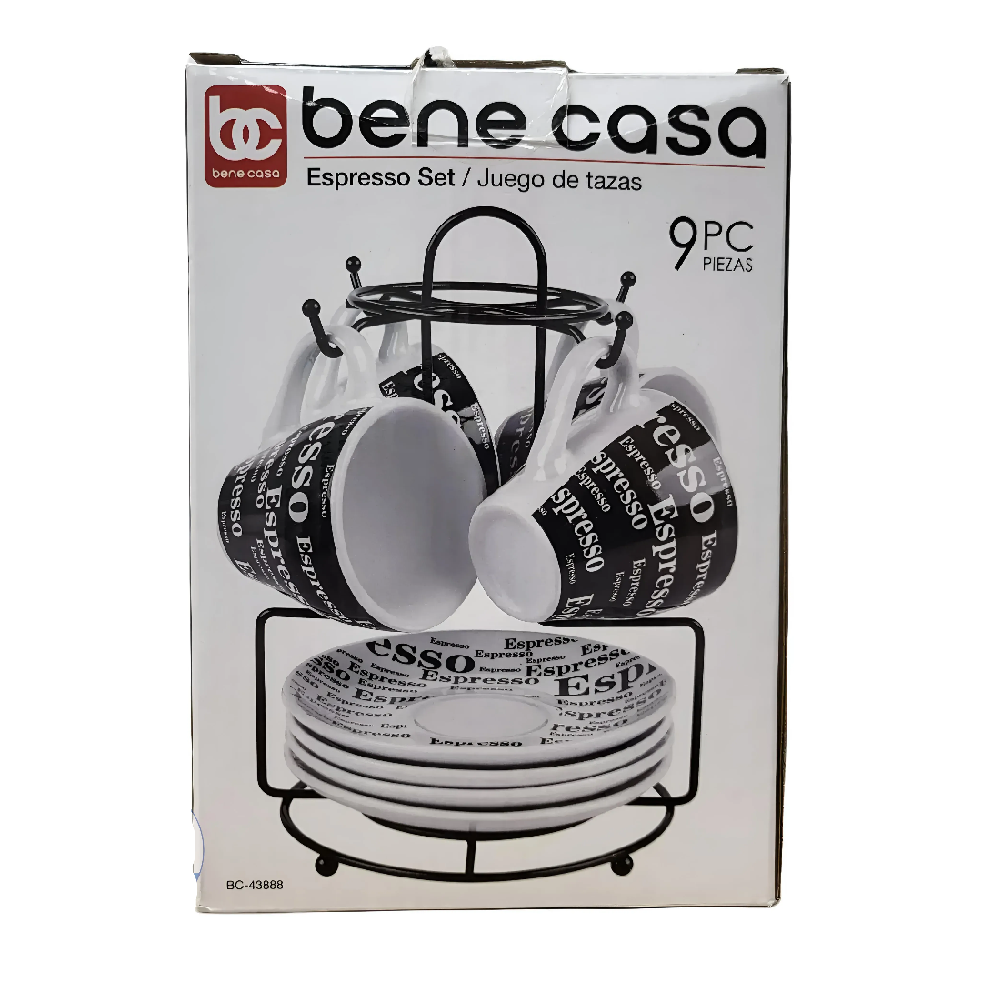 Bene Casa espresso set packaging with mugs and coasters on a stand.