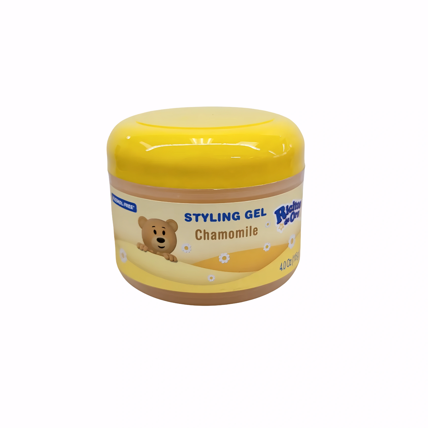 Jar of styling gel with a yellow lid on a white background
